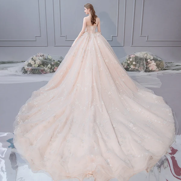 Luxury / Gorgeous Champagne Wedding Dresses 2019 Ball Gown Strapless Rhinestone Pearl Lace Flower Sequins Sleeveless Backless Royal Train