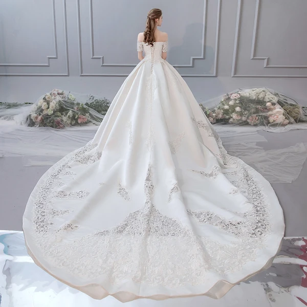 Luxury / Gorgeous Ivory Pierced Wedding Dresses 2019 A-Line / Princess Off-The-Shoulder Beading Sequins Lace Flower Short Sleeve Backless Royal Train