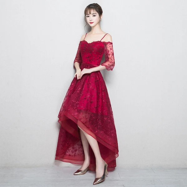 Chic / Belle Bordeaux Robe De Soirée 2018 Princesse En Dentelle Fleur Bretelles Spaghetti Dos Nu 3/4 Manches Asymétrique Robe De Ceremonie