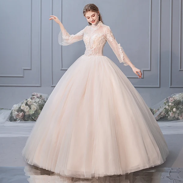 Elegante Champagner Brautkleider / Hochzeitskleider 2019 Ballkleid Stehkragen Perlenstickerei Pailletten Spitze Blumen Lange Ärmel Rückenfreies Lange