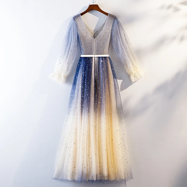 Chic / Belle Bleu Marine Dégradé De Couleur Robe De Soirée 2019 Princesse V-Cou Perlage Cristal Étoile Paillettes Ceinture Manches Longues Longue Robe De Ceremonie