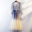 Chic / Belle Bleu Marine Dégradé De Couleur Robe De Soirée 2019 Princesse V-Cou Perlage Cristal Étoile Paillettes Ceinture Manches Longues Longue Robe De Ceremonie