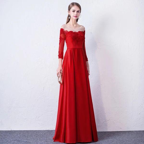 Chic / Beautiful Red Evening Dresses 2019 A-Line / Princess Scoop Neck Appliques Beading Lace Flower 3/4 Sleeve Backless Floor-Length / Long Formal Dresses