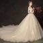 Chic / Belle Champagne Robe De Mariée 2019 Princesse De l'épaule Perle Appliques En Dentelle Fleur Manches Courtes Dos Nu Cathedral Train