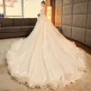 Chic / Beautiful Champagne Wedding Dresses 2019 A-Line / Princess Scoop Neck Lace Flower Sequins Long Sleeve Backless Royal Train