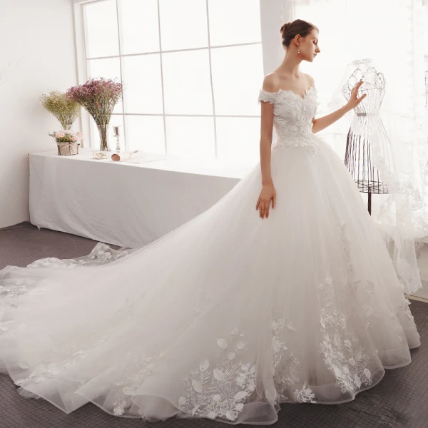 Charming Ivory Wedding Dresses 2019 A-Line / Princess Off-The-Shoulder Lace Flower Pearl Appliques Sleeveless Backless Cathedral Train