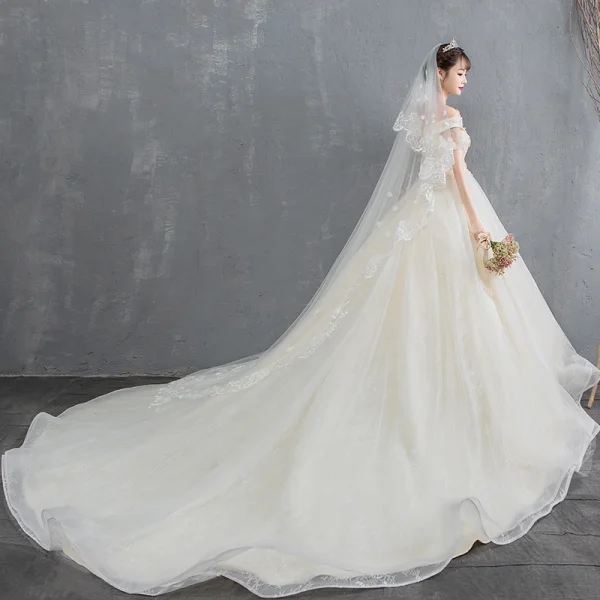Elegant Champagne Wedding Dresses 2019 Ball Gown Off-The-Shoulder Appliques Lace Flower Short Sleeve Backless Chapel Train