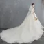 Elegant Champagne Wedding Dresses 2019 Ball Gown Off-The-Shoulder Appliques Lace Flower Short Sleeve Backless Chapel Train