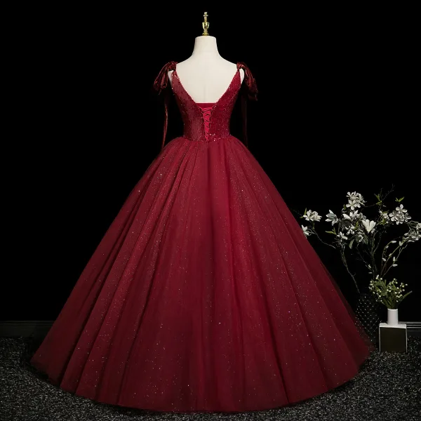 Bling Bling Burgundy Beading Sequins Prom Dresses 2025 Ball Gown Spaghetti Straps Sleeveless Backless Floor-Length / Long Formal Dresses