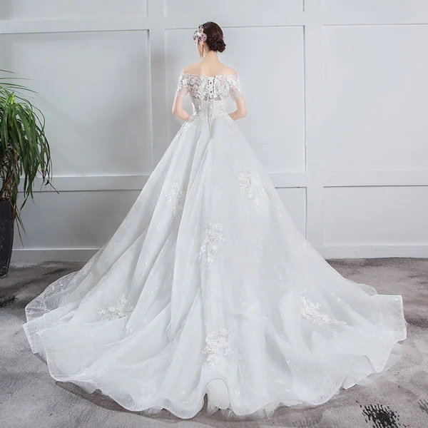 Elegant Ivory Pregnant Wedding Dresses 2019 Empire Off-The-Shoulder Sequins Appliques Lace Flower Short Sleeve Chapel Train