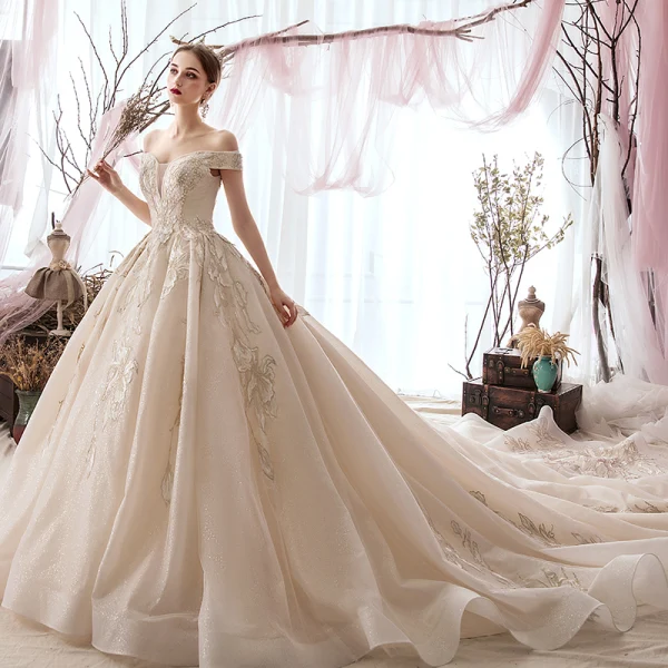 Elegant Champagne Wedding Dresses 2019 Ball Gown Off-The-Shoulder Beading Lace Flower Sequins Short Sleeve Backless Cathedral Train