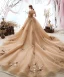 Luxe Champagne Robe De Mariée 2019 Princesse De l'épaule Perlage Paillettes En Dentelle Fleur Manches Courtes Dos Nu Royal Train