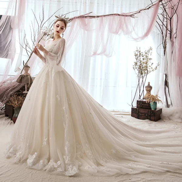 Luxury / Gorgeous Champagne Wedding Dresses 2019 A-Line / Princess Scoop Neck Beading Lace Flower 3/4 Sleeve Backless Cathedral Train