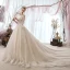 Luxury / Gorgeous Champagne Wedding Dresses 2019 A-Line / Princess Scoop Neck Beading Lace Flower 3/4 Sleeve Backless Cathedral Train