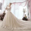 Luxury / Gorgeous Champagne Wedding Dresses 2019 A-Line / Princess Scoop Neck Beading Lace Flower 3/4 Sleeve Backless Cathedral Train