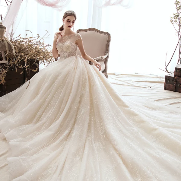 Luxury / Gorgeous Champagne Wedding Dresses 2019 A-Line / Princess Scoop Neck Beading Sequins Sleeveless Cathedral Train