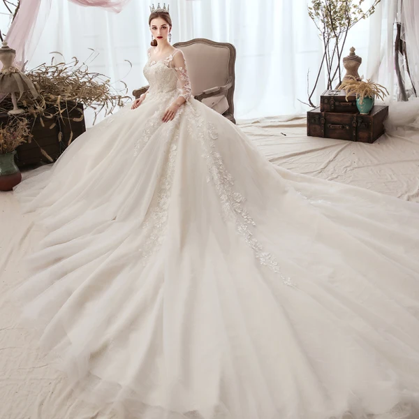 Luxury / Gorgeous Champagne Wedding Dresses 2019 A-Line / Princess Scoop Neck Sequins Lace Flower 3/4 Sleeve Backless Cathedral Train