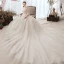 Luxury / Gorgeous Champagne Wedding Dresses 2019 A-Line / Princess Scoop Neck Sequins Lace Flower 3/4 Sleeve Backless Cathedral Train
