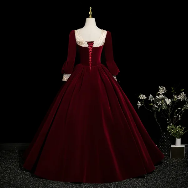 Elegant Burgundy Velvet Bow Prom Dresses 2025 Ball Gown Square Neckline Long Sleeve Backless Floor-Length / Long Formal Dresses