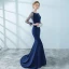 Chic / Belle Bleu Marine Robe De Soirée 2018 Trompette / Sirène Perlage Gland 3/4 Manches Encolure Dégagée Train De Balayage Robe De Ceremonie
