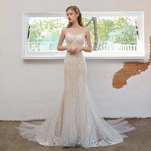 Sexy Champagne Trumpet / Mermaid Wedding Dresses 2021 Scoop Neck Bow Flower Lace Sleeveless Backless Sweep Train Wedding