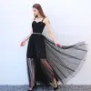 Chic / Beautiful Black Cocktail Dresses 2018 A-Line / Princess Spaghetti Straps Backless Sleeveless Floor-Length / Long Formal Dresses