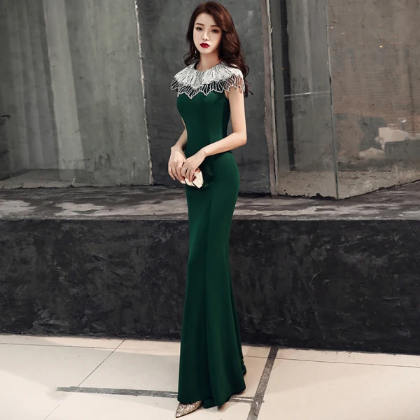 Elegant Dark Green Evening Dresses  2019 Trumpet / Mermaid Scoop Neck Beading Short Sleeve Floor-Length / Long Formal Dresses