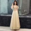 Elegant Champagne Evening Dresses  2019 A-Line / Princess Beading Crystal Sequins Lace Flower Backless V-Neck Short Sleeve Floor-Length / Long Formal Dresses