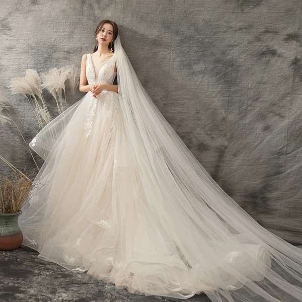 Élégant Champagne Robe De Mariée 2019 Princesse Encolure Dégagée Appliques Cristal En Dentelle Fleur Sans Manches Dos Nu Chapel Train