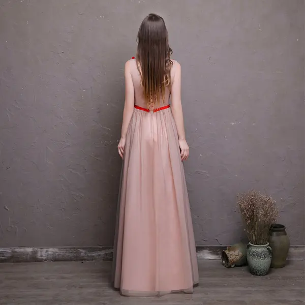 Chic / Beautiful Red Prom Dresses 2018 A-Line / Princess Appliques Crystal Bow V-Neck Backless Sleeveless Floor-Length / Long Formal Dresses