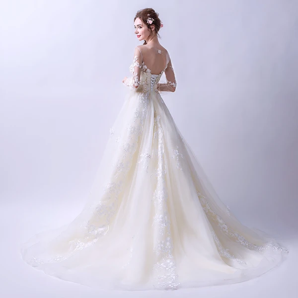 Charming Champagne Wedding Dresses 2019 A-Line / Princess V-Neck Beading Lace Flower Bell sleeves Backless Sweep Train