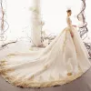 Luxury / Gorgeous Champagne Wedding Dresses 2019 Ball Gown Deep V-Neck Beading Lace Flower Long Sleeve Backless Cathedral Train