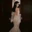 Sexy Champagne Wedding Dresses 2019 Trumpet / Mermaid Off-The-Shoulder Lace Flower Glitter Tulle Long Sleeve Backless Cathedral Train