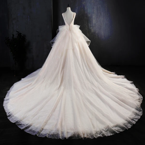Luxury / Gorgeous Champagne Wedding Dresses 2019 A-Line / Princess V-Neck Glitter Tulle Cascading Ruffles Sleeveless Backless Cathedral Train