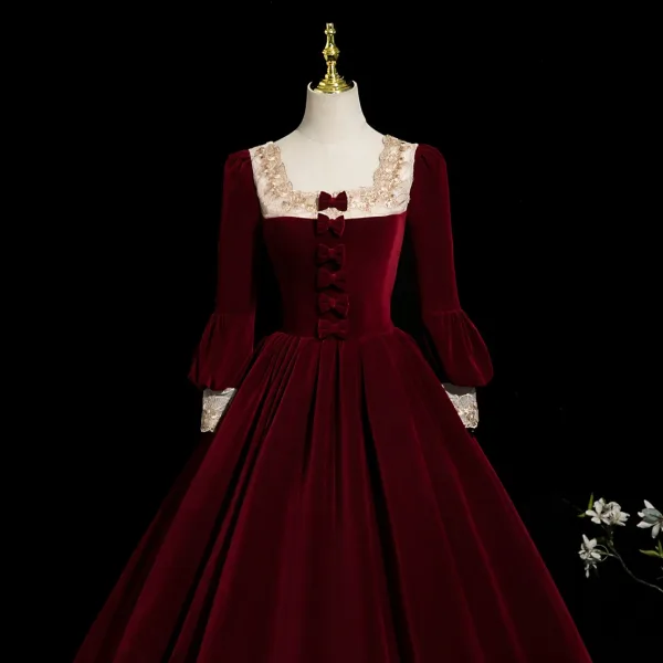 Elegant Burgundy Velvet Bow Prom Dresses 2025 Ball Gown Square Neckline Long Sleeve Backless Floor-Length / Long Formal Dresses