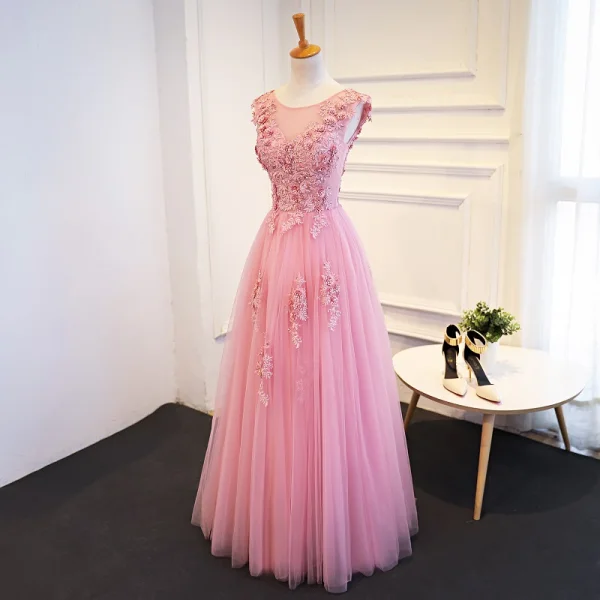 Chic / Belle Rose Bonbon Robe De Bal 2018 Princesse En Dentelle Appliques Paillettes Encolure Dégagée Dos Nu Sans Manches Longue Robe De Ceremonie