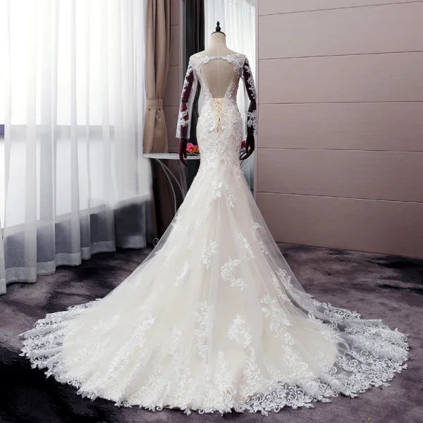 Sexy Champagne Wedding Dresses 2019 Trumpet / Mermaid Scoop Neck Sequins Pearl Lace Flower Long Sleeve Backless Court Train