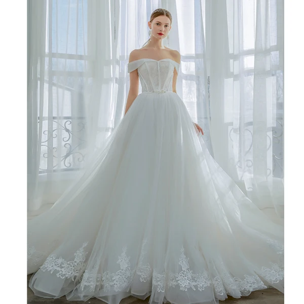 Elegant Ivory Wedding Dresses 2019 A-Line / Princess Off-The-Shoulder Beading Sequins Bow Sleeveless Backless Chapel Train