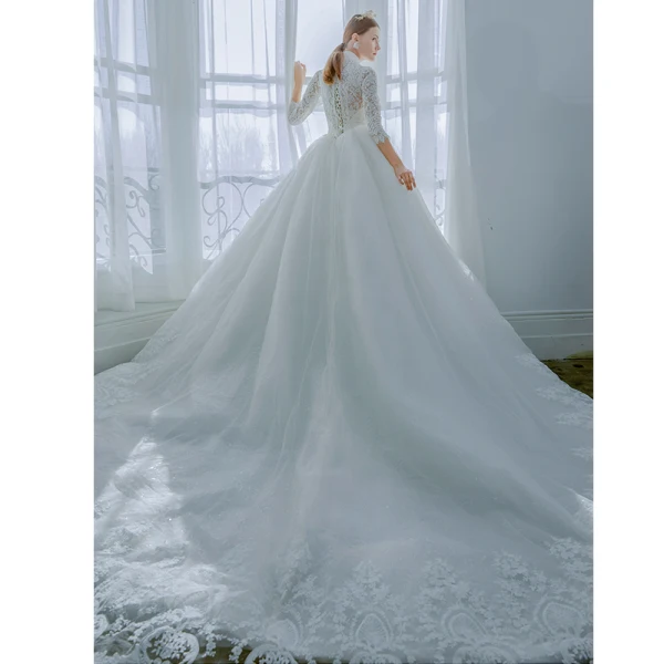 Elegant Ivory Wedding Dresses 2019 A-Line / Princess High Neck Lace Flower Buttons 3/4 Sleeve Chapel Train