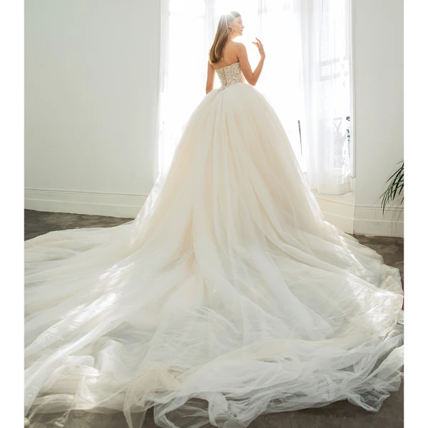 Modern / Fashion Champagne Wedding Dresses 2019 Ball Gown Strapless Lace Beading Sleeveless Backless Cathedral Train Wedding