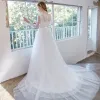 Modest / Simple Ivory Wedding Dresses 2021 A-Line / Princess Scoop Neck Bow Lace Flower Long Sleeve Court Train Wedding