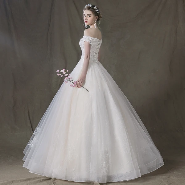 Elegant Champagne Wedding Dresses 2018 Ball Gown Lace Flower Off-The-Shoulder Backless Sleeveless Floor-Length / Long Wedding
