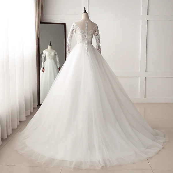 Chic / Beautiful Ivory Wedding Dresses 2019 A-Line / Princess Scoop Neck Buttons Lace Flower Long Sleeve Sweep Train