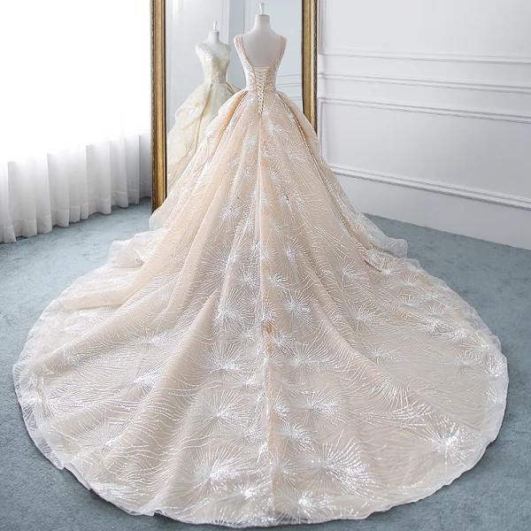 Luxury / Gorgeous Champagne Wedding Dresses 2019 A-Line / Princess V-Neck Sequins Cascading Ruffles Sleeveless Backless Cathedral Train
