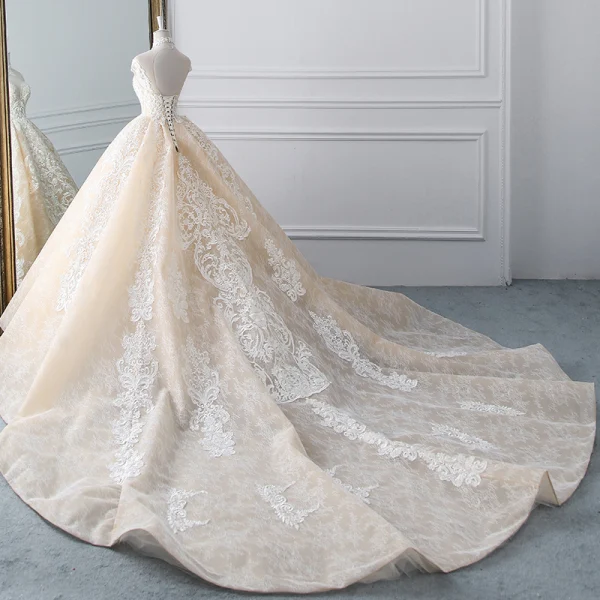 Luxury / Gorgeous Champagne Wedding Dresses 2019 A-Line / Princess High Neck Beading Pearl Crystal Lace Flower Sleeveless Backless Cathedral Train