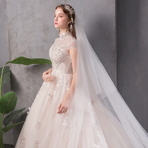 Chic / Beautiful Champagne Wedding Dresses 2019 A-Line / Princess High Neck Appliques Lace Flower Beading Pearl Sequins Cap Sleeves Backless Cathedral Train