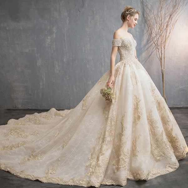 Audrey Hepburn Style Champagne Wedding Dresses 2019 A-Line / Princess Off-The-Shoulder Beading Pearl Lace Flower Short Sleeve Backless Cathedral Train