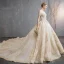 Audrey Hepburn Style Champagne Wedding Dresses 2019 A-Line / Princess Off-The-Shoulder Beading Pearl Lace Flower Short Sleeve Backless Cathedral Train