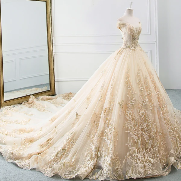 Charming Champagne Wedding Dresses 2019 A-Line / Princess Off-The-Shoulder Rhinestone Lace Flower Short Sleeve Backless Cathedral Train