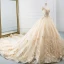Charming Champagne Wedding Dresses 2019 A-Line / Princess Off-The-Shoulder Rhinestone Lace Flower Short Sleeve Backless Cathedral Train